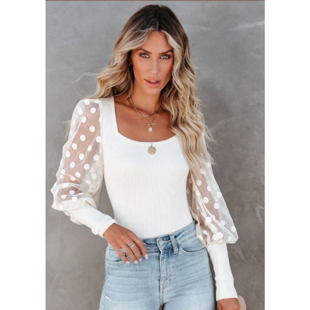 🔥 POLKA DOT • LONG SLEEVE KNIT TOP - IVORY - XL🔥 - Picture 5 of 10